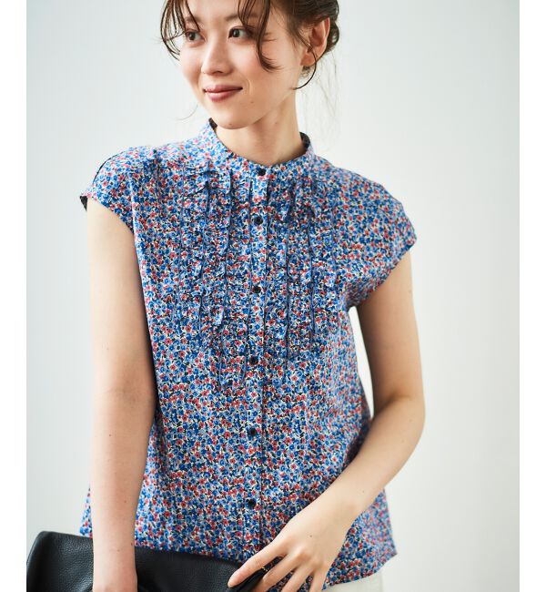  「リバティアソートフロントフリルフレンチブラウス」|シャツ・ブラウス|ブルー柄