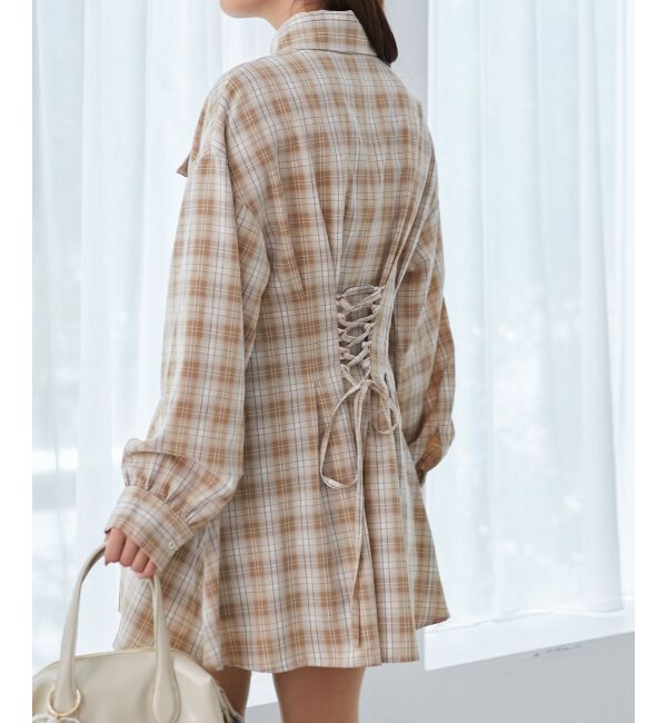 MAJESTICLEGON「バックレースアップミニシャツワンピ」|ワンピース|ベージュ柄
