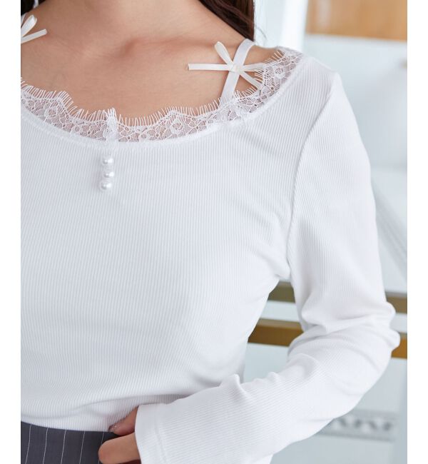  「レース使い肩リボントップス」|Tシャツ・カットソー|オフ