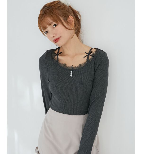  「レース使い肩リボントップス」|Tシャツ・カットソー|