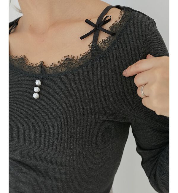  「レース使い肩リボントップス」|Tシャツ・カットソー|