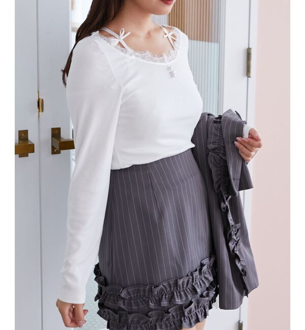 「レース使い肩リボントップス」|Tシャツ・カットソー|