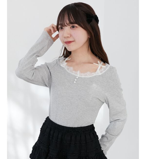  「レース使い肩リボントップス」|Tシャツ・カットソー|グレー