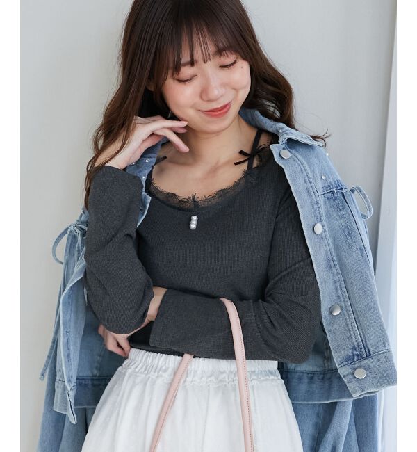  「レース使い肩リボントップス」|Tシャツ・カットソー|Ｃ／グレー