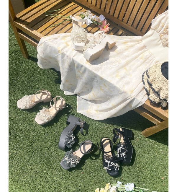  「パールリボンフリルボリュームサンダル」|サンダル|