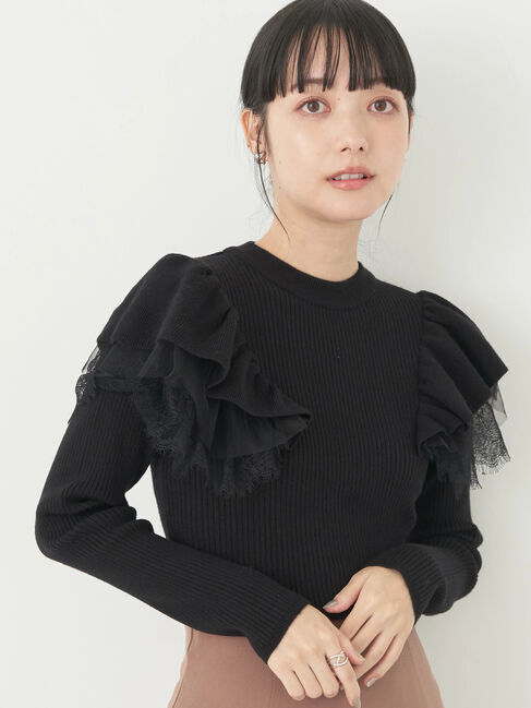 earth music&ecology「ショルダーチュールレースプルオーバー」|Tシャツ・カットソー|Black