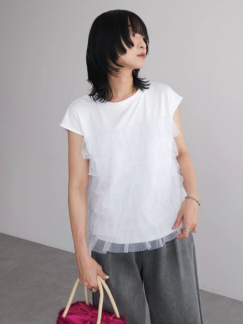 Green Parks「フレンチスリーブチュールティアードプルオーバー」|Tシャツ・カットソー|White