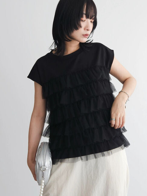 Green Parks「フレンチスリーブチュールティアードプルオーバー」|Tシャツ・カットソー|Black
