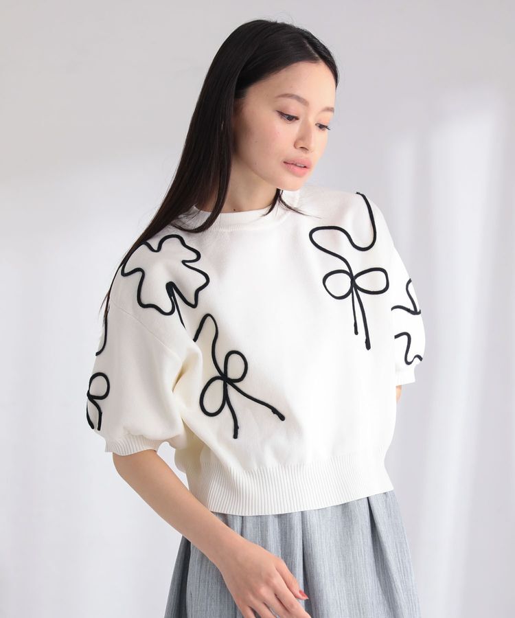 Green Parks「・ELENCARE DUE ライン刺繍5分袖ニット」|ニット・セーター|Off White