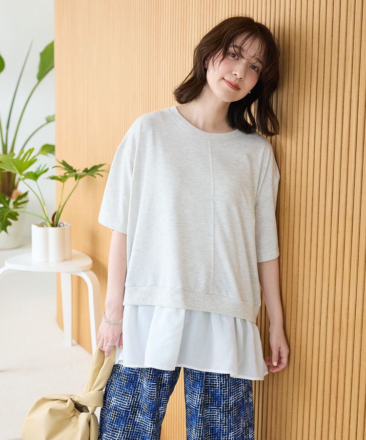 Green Parks「裾フリルドッキング5分袖プルオーバー」|Tシャツ・カットソー|