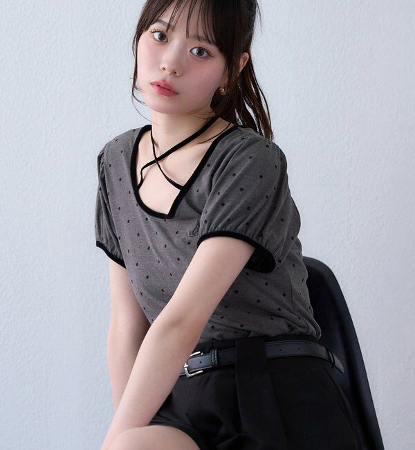  「ホルターネック配色ドットトップス」|プルオーバー|