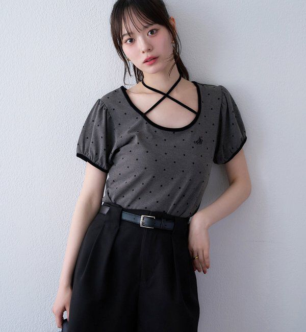  「ホルターネック配色ドットトップス」|プルオーバー|