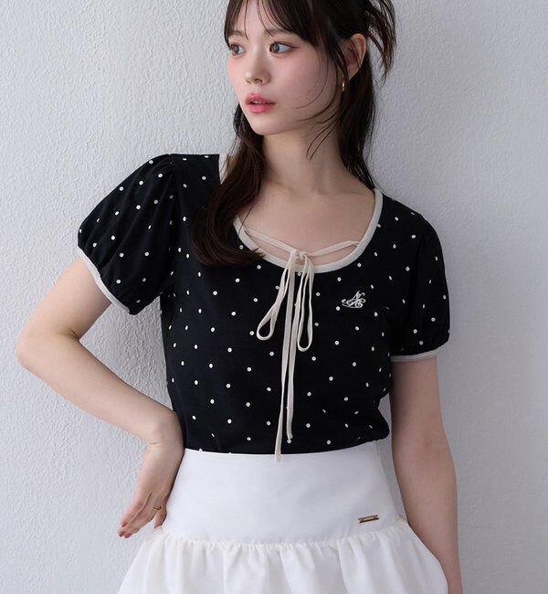  「ホルターネック配色ドットトップス」|プルオーバー|ブラック