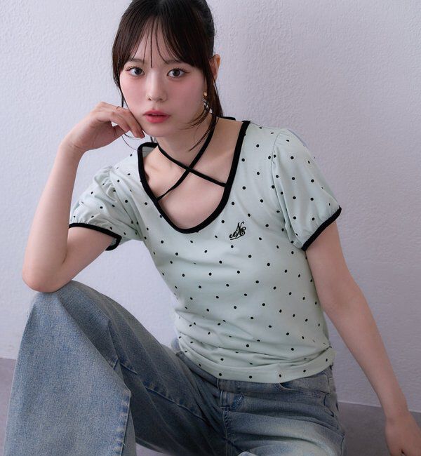  「ホルターネック配色ドットトップス」|プルオーバー|