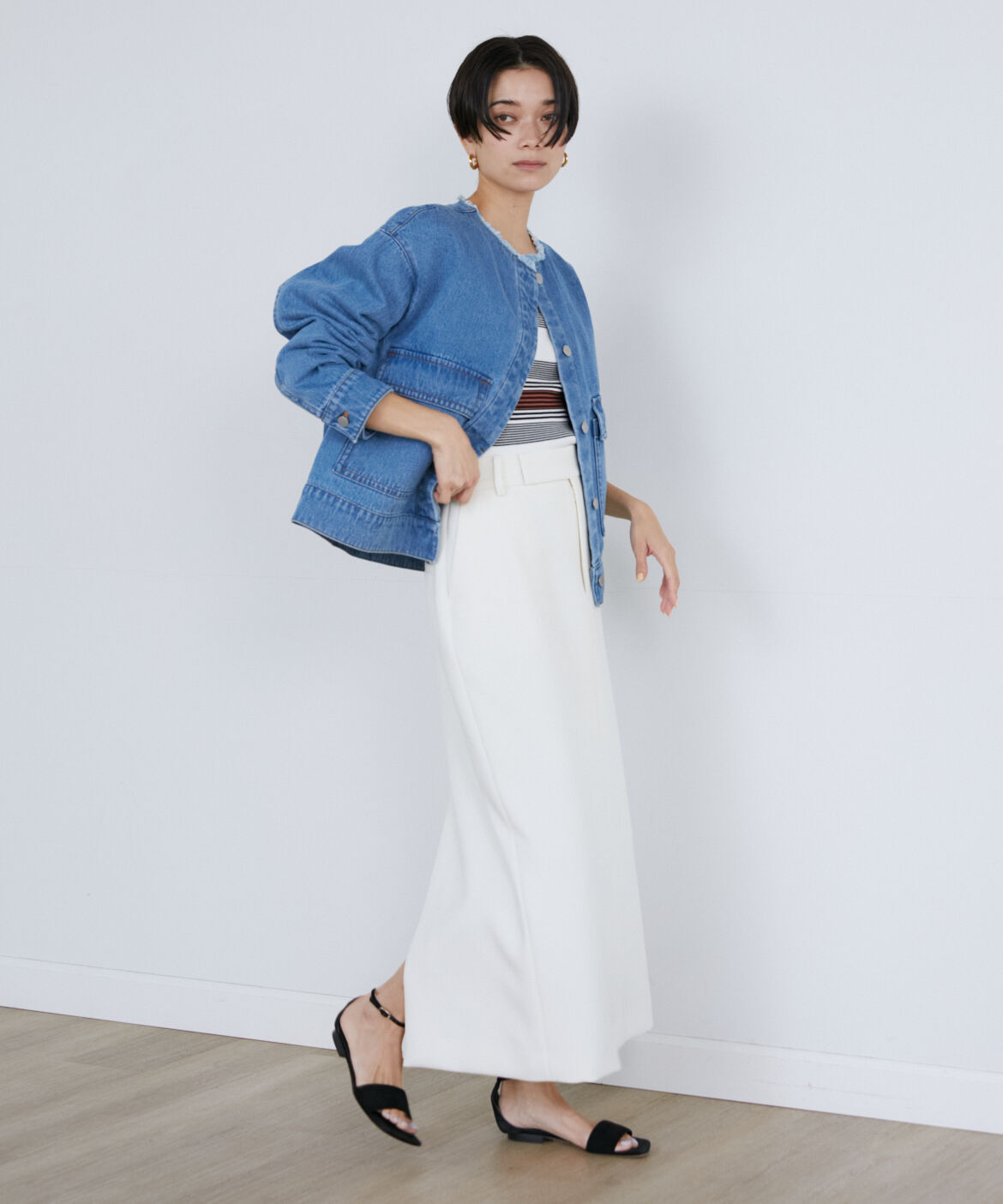 INED「《大きいサイズ》ノーカラーデニムジャケット」|デニムジャケット|