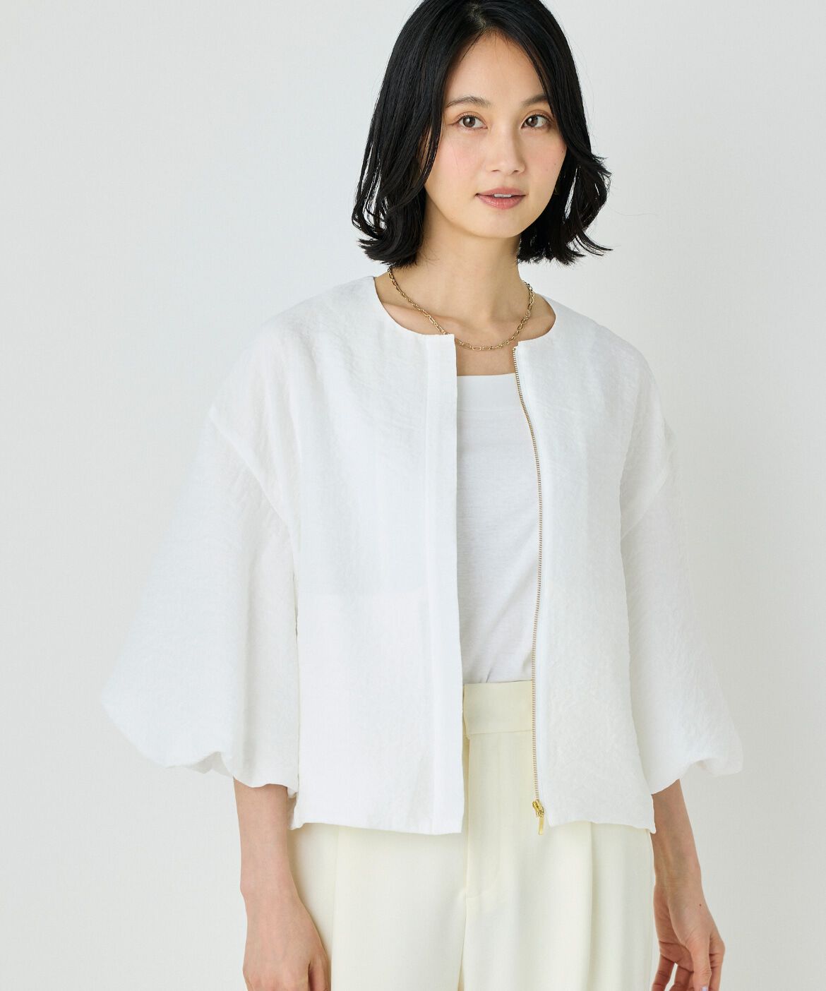 7-IDconcept.「《大きいサイズ》バルーンスリーブJQブルゾン」|ノーカラージャケット|オフホワイト1