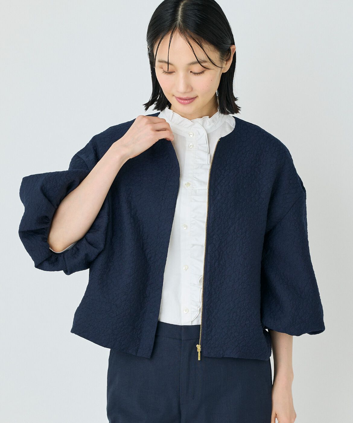 7-IDconcept.「《大きいサイズ》バルーンスリーブJQブルゾン」|ノーカラージャケット|ネイビー