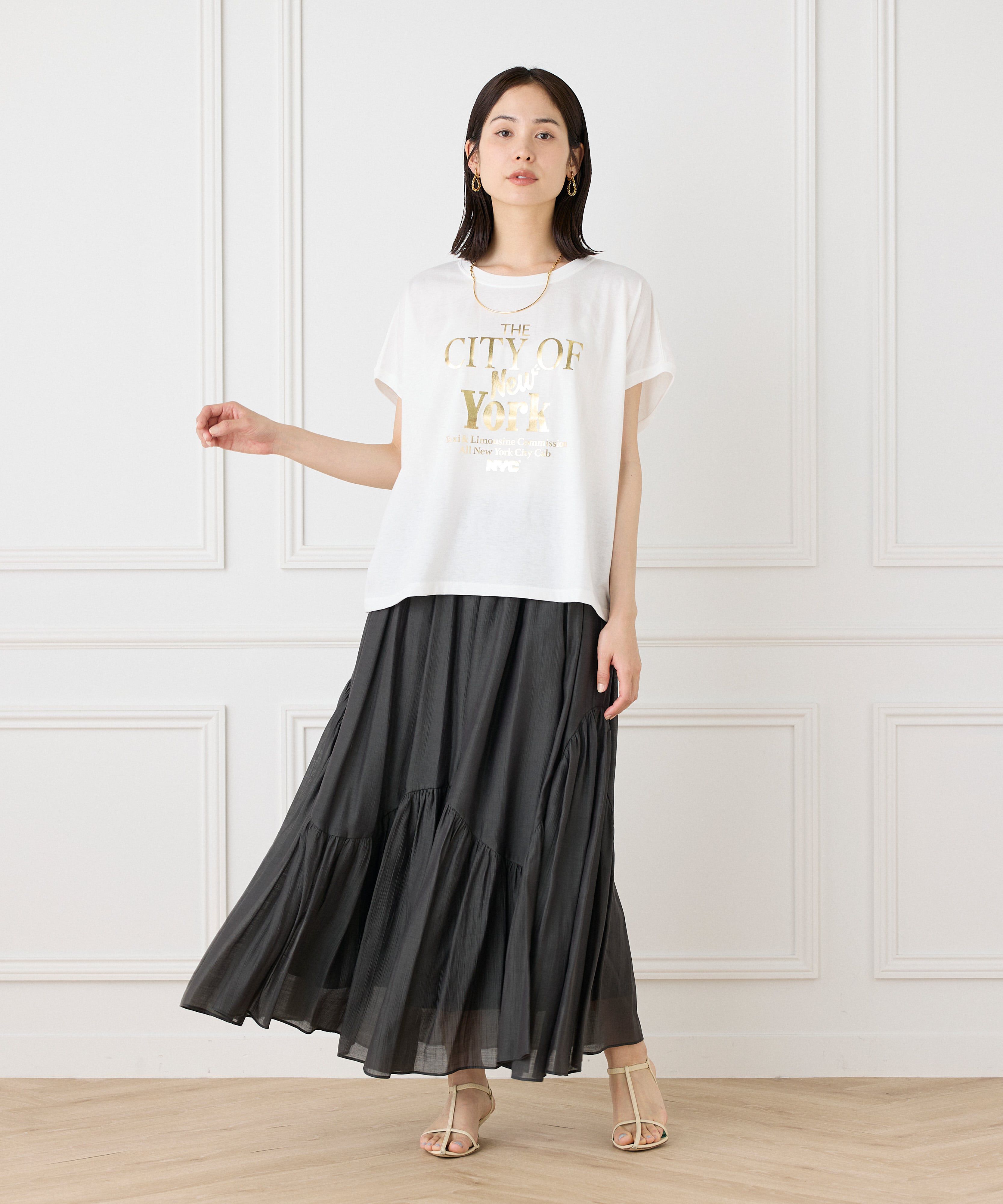 INED「アシンメトリー切り替えギャザースカート」|フレア|