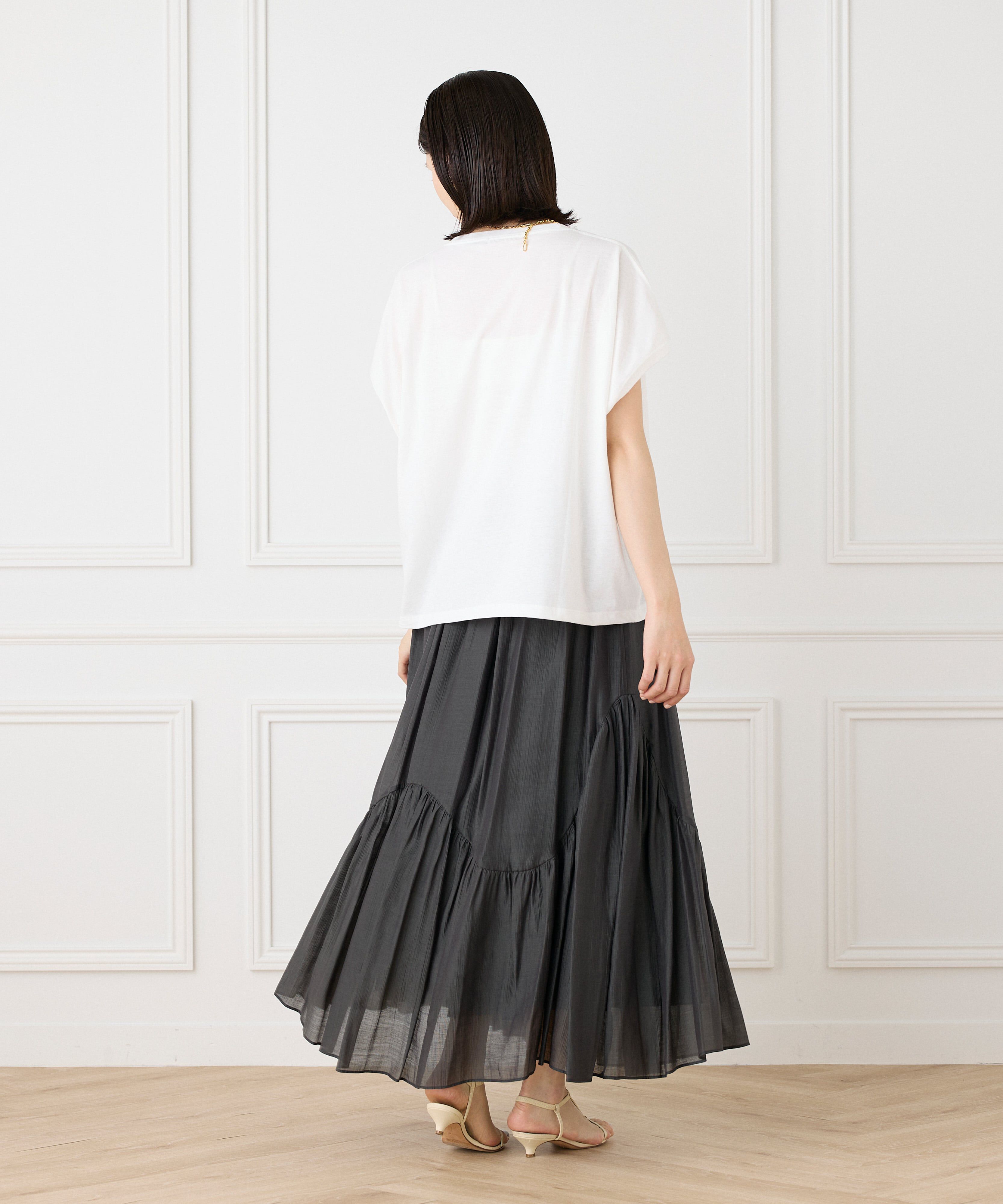 INED「アシンメトリー切り替えギャザースカート」|フレア|