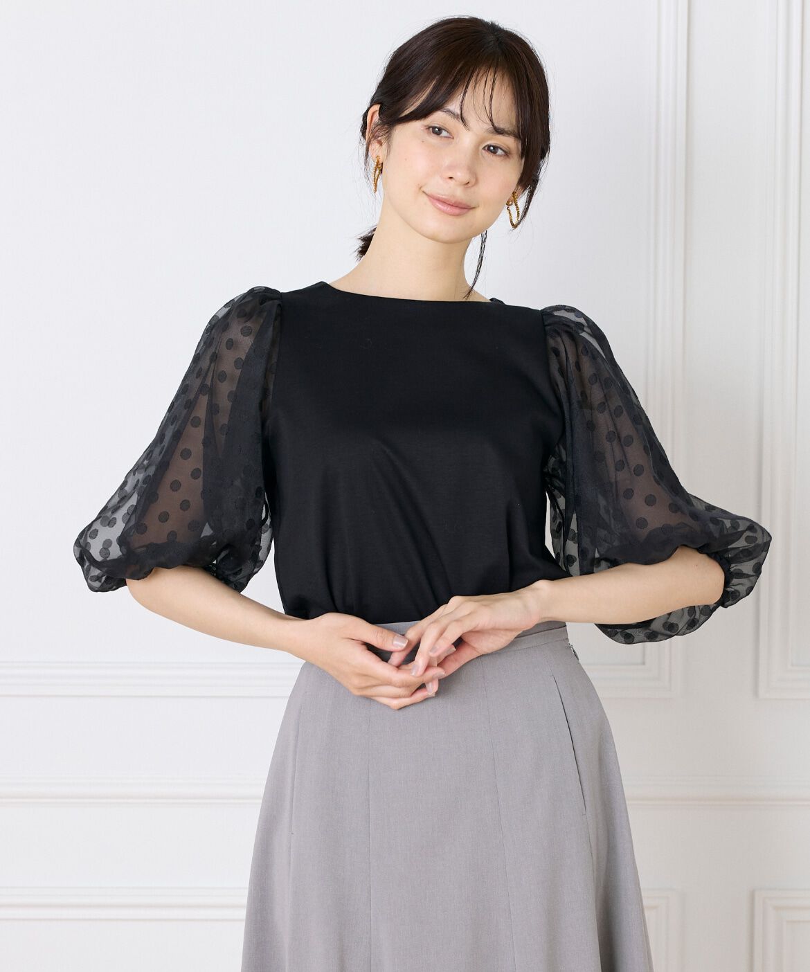 Maglie le cassetto「ドットチュールドッキングカットソー」|Tシャツ・カットソー|ブラック