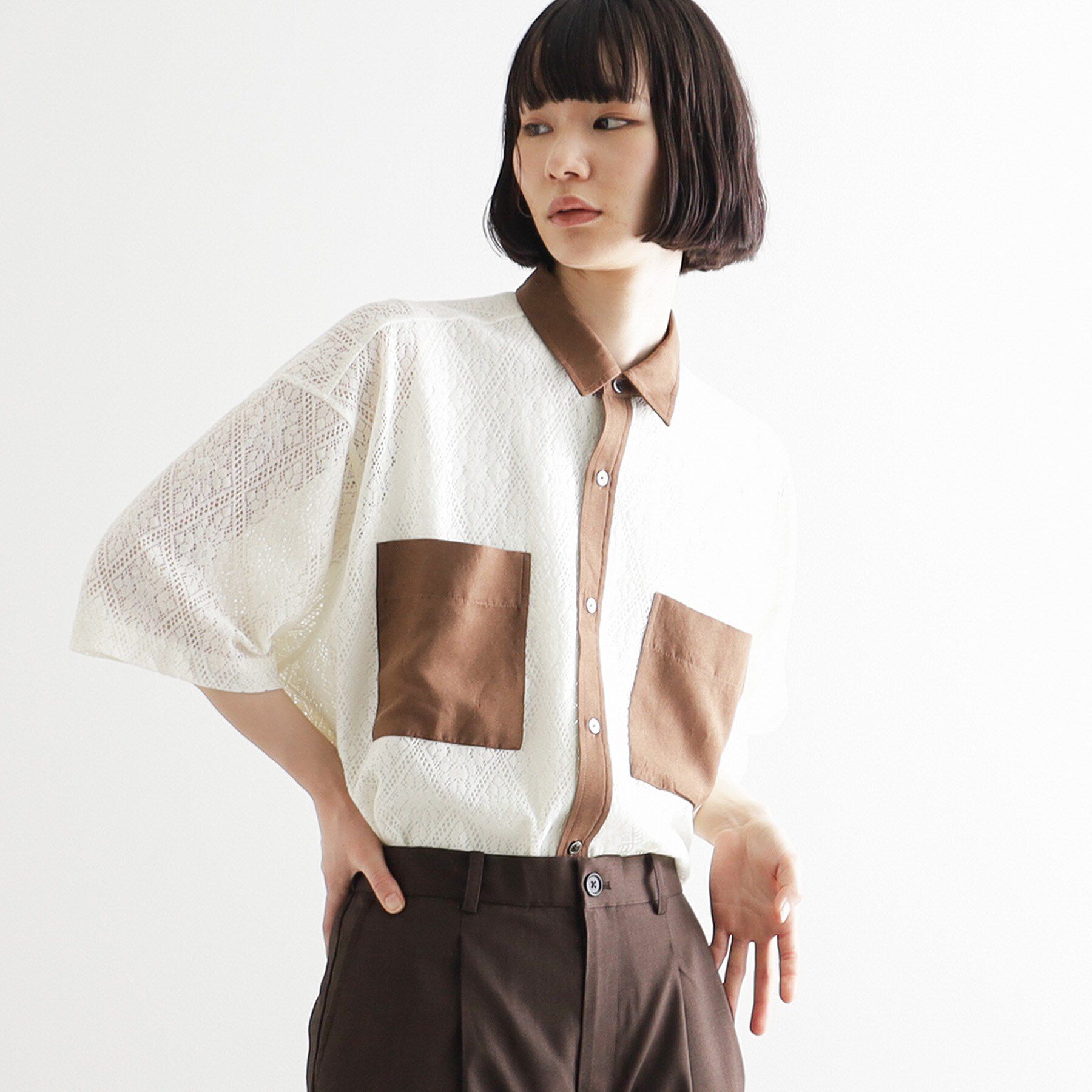 tk.TAKEO KIKUCHI「サマースエードコンビレースシャツ」|シャツ・ブラウス|オフホワイト(003