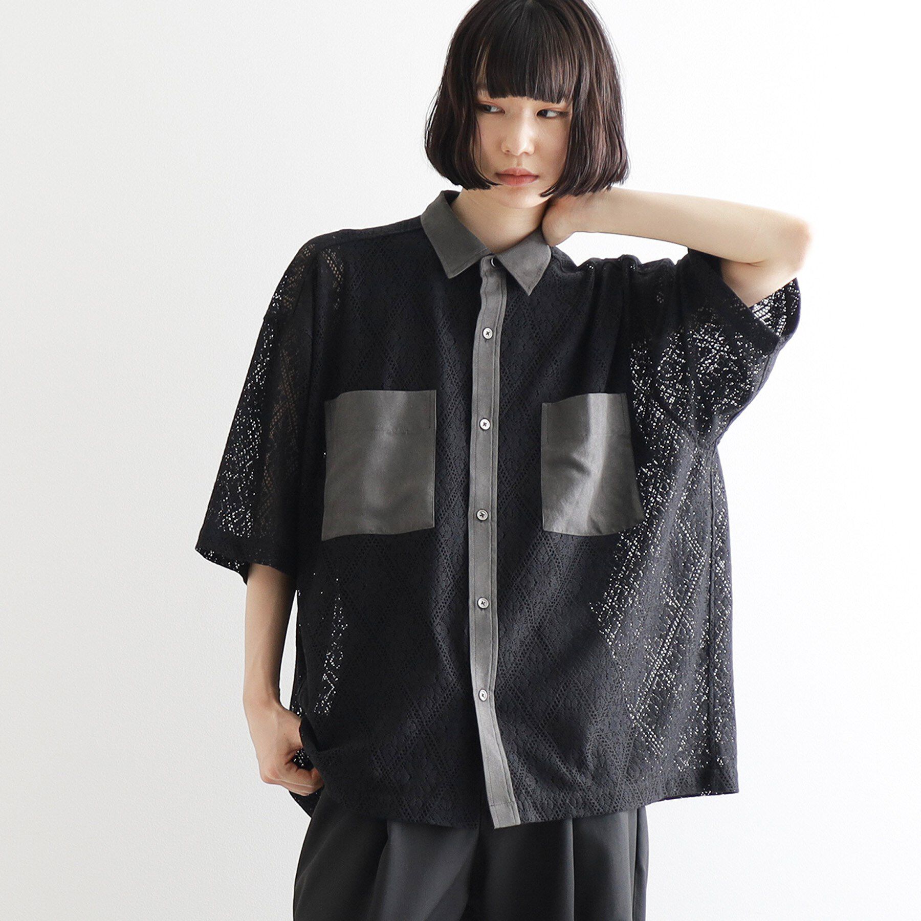 tk.TAKEO KIKUCHI「サマースエードコンビレースシャツ」|シャツ・ブラウス|ブラック(019)