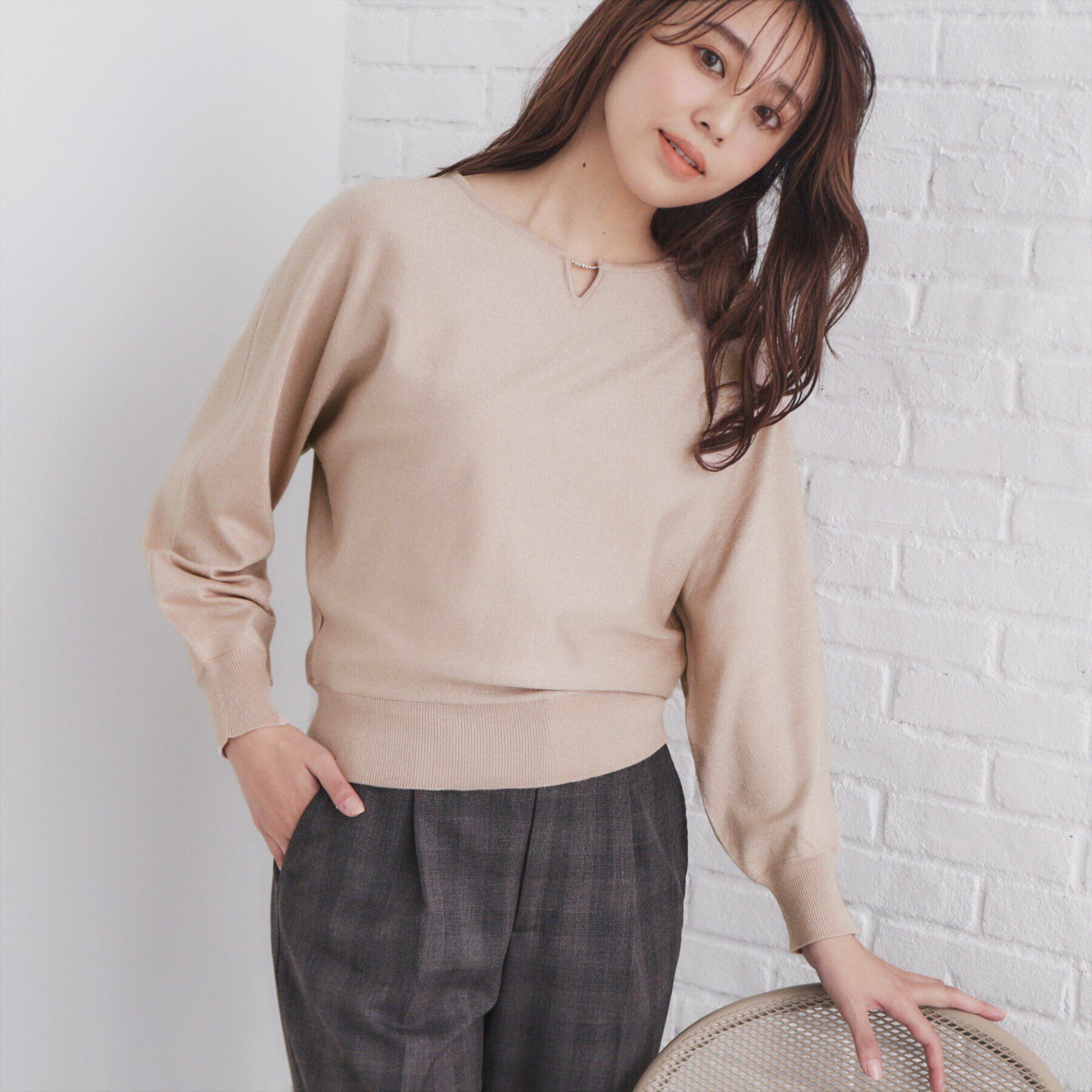 index「《5color/XS-LL》キーネックビジュードルマンニット【洗濯機洗い可】」|ニット・セーター|