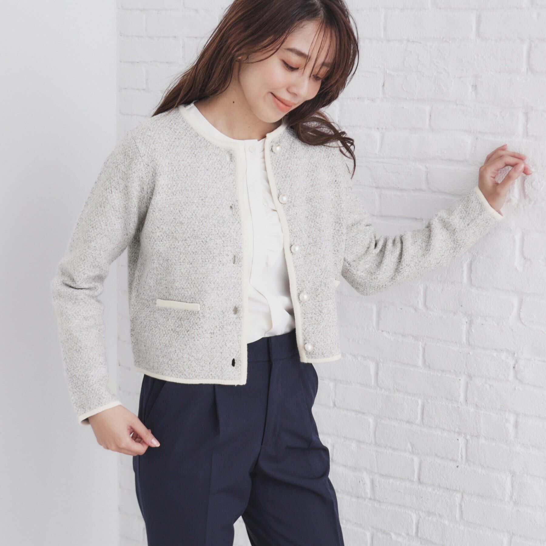 index「パール調ツイードライクノーカラーカーディガン/セットアップ対応【洗濯機洗い可】」|カーディガン|グレー(012)