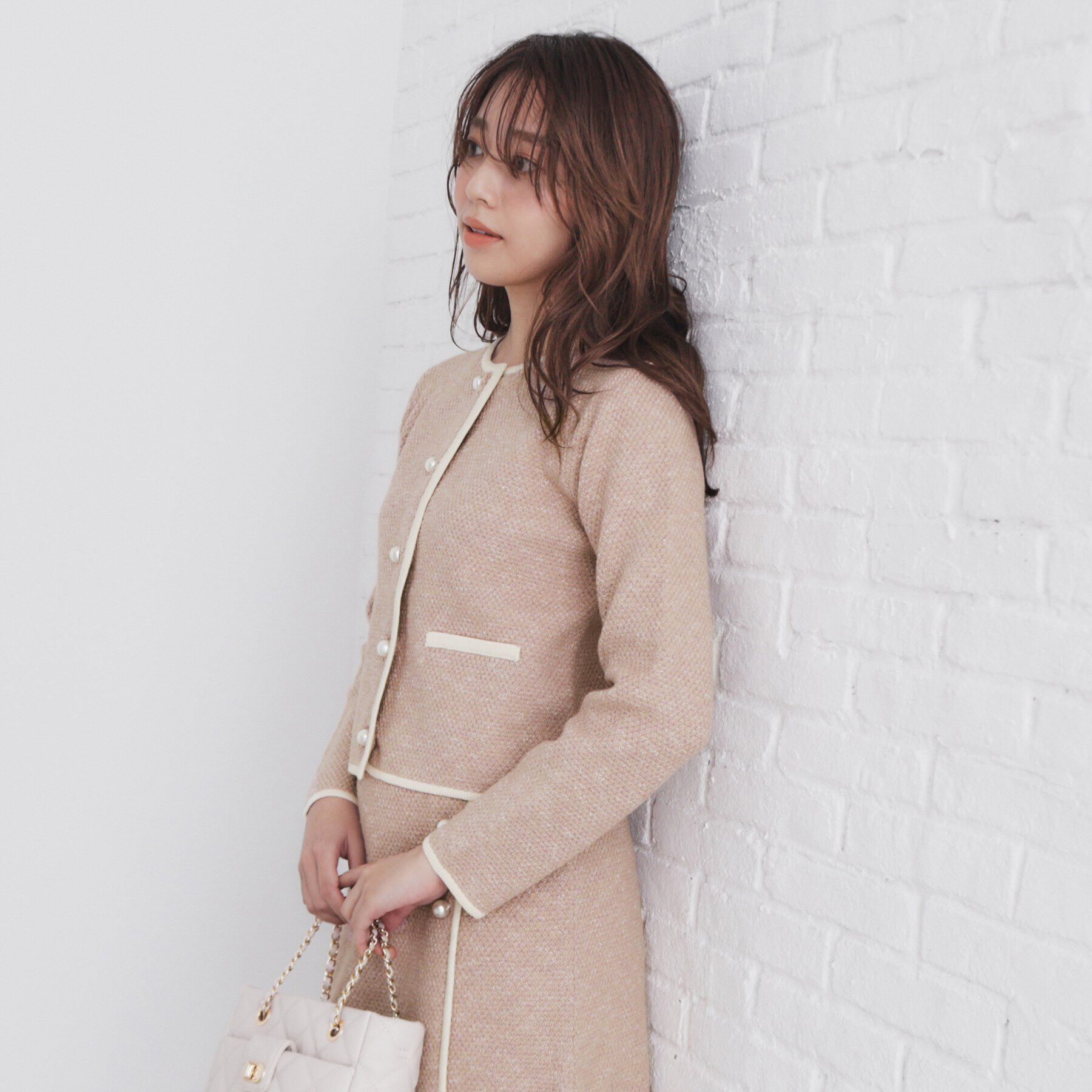 index「パール調ツイードライクノーカラーカーディガン/セットアップ対応【洗濯機洗い可】」|カーディガン|