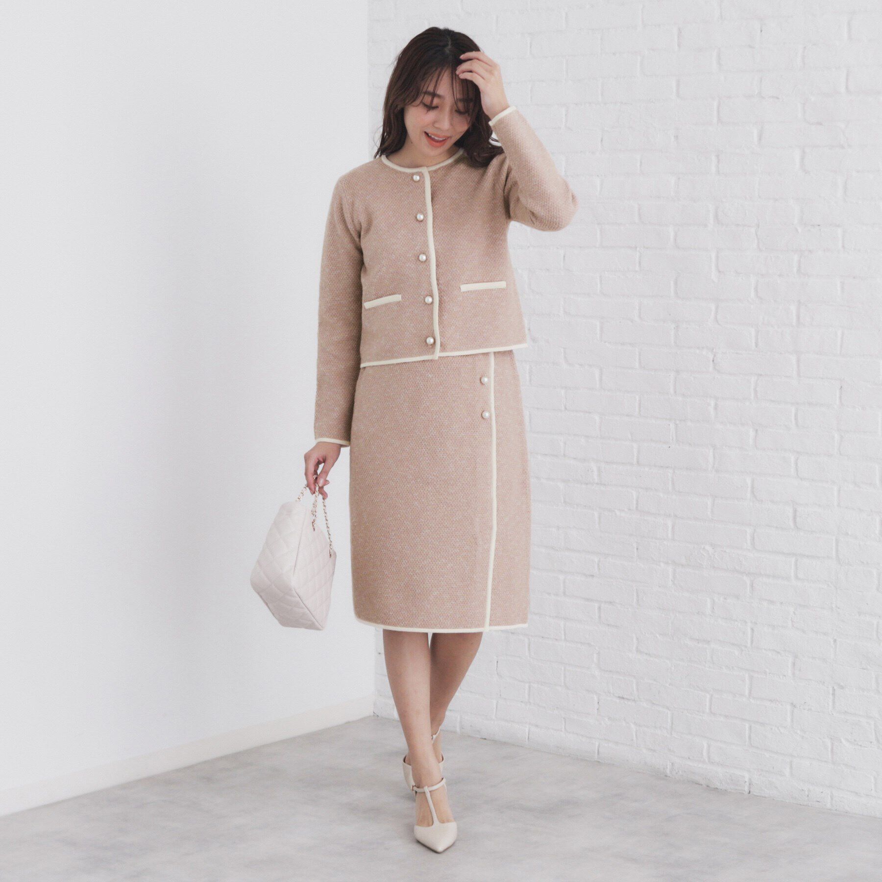 index「パール調ツイードライクノーカラーカーディガン/セットアップ対応【洗濯機洗い可】」|カーディガン|
