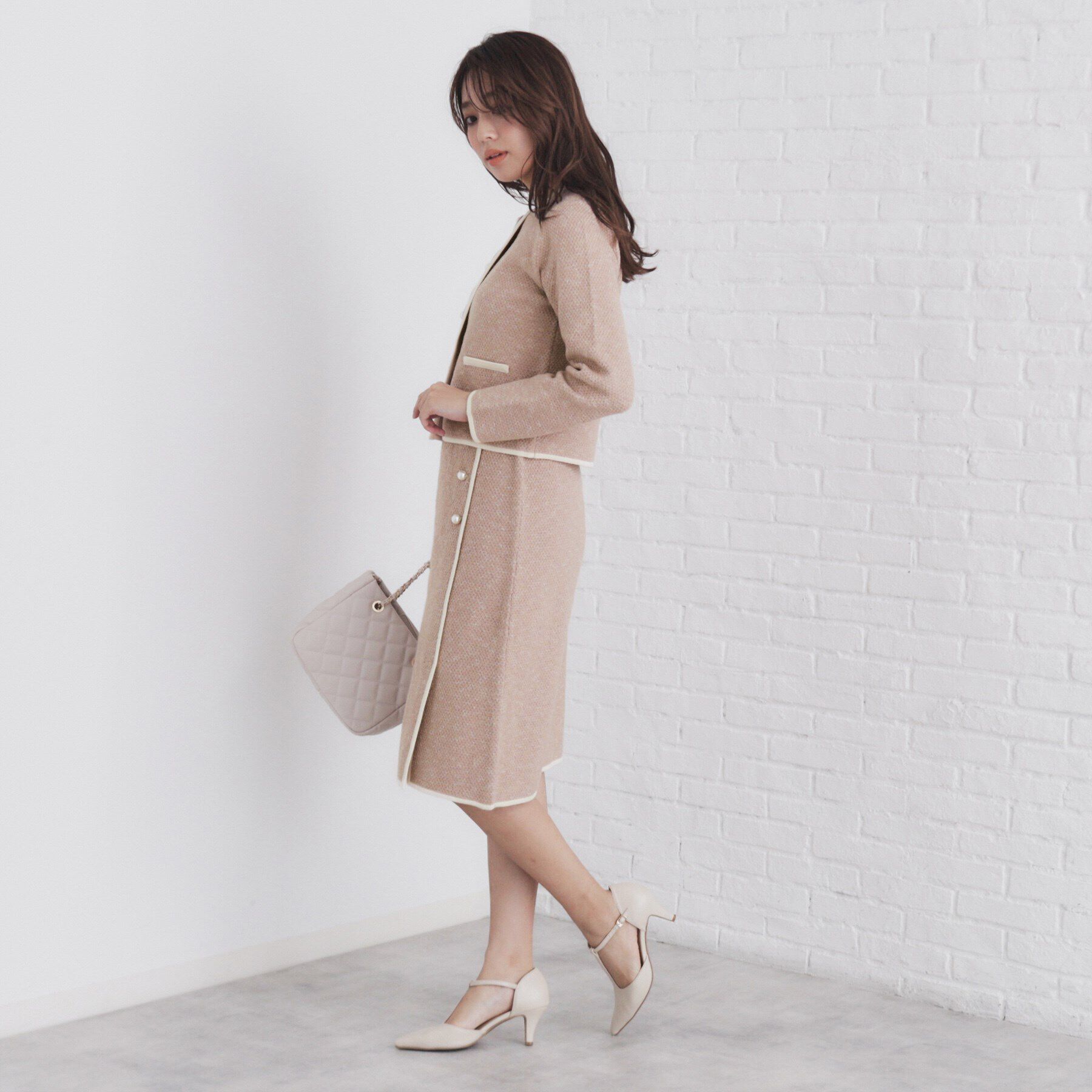 index「パール調ツイードライクノーカラーカーディガン/セットアップ対応【洗濯機洗い可】」|カーディガン|