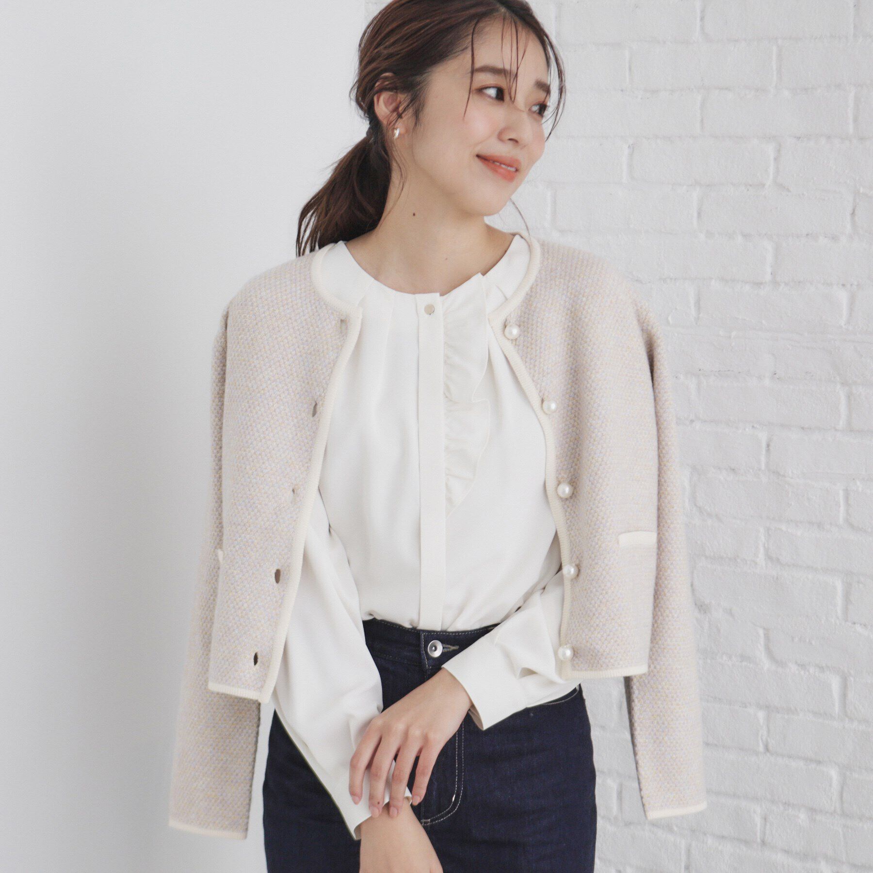 index「パール調ツイードライクノーカラーカーディガン/セットアップ対応【洗濯機洗い可】」|カーディガン|ライトイエロー(03