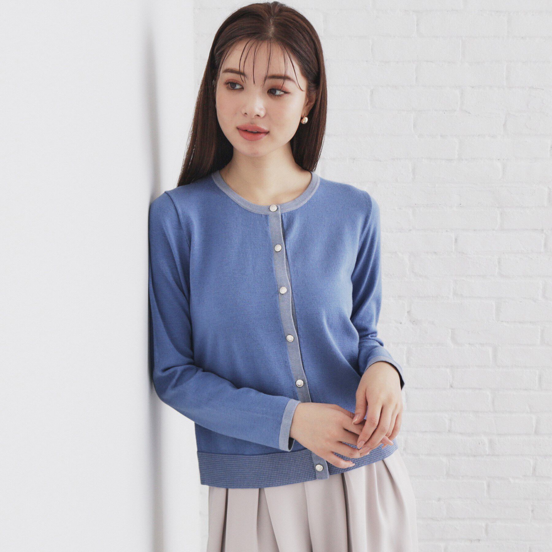 index「バイカラーカーディガン【洗濯機洗い可】」|カーディガン|ブルー(593)