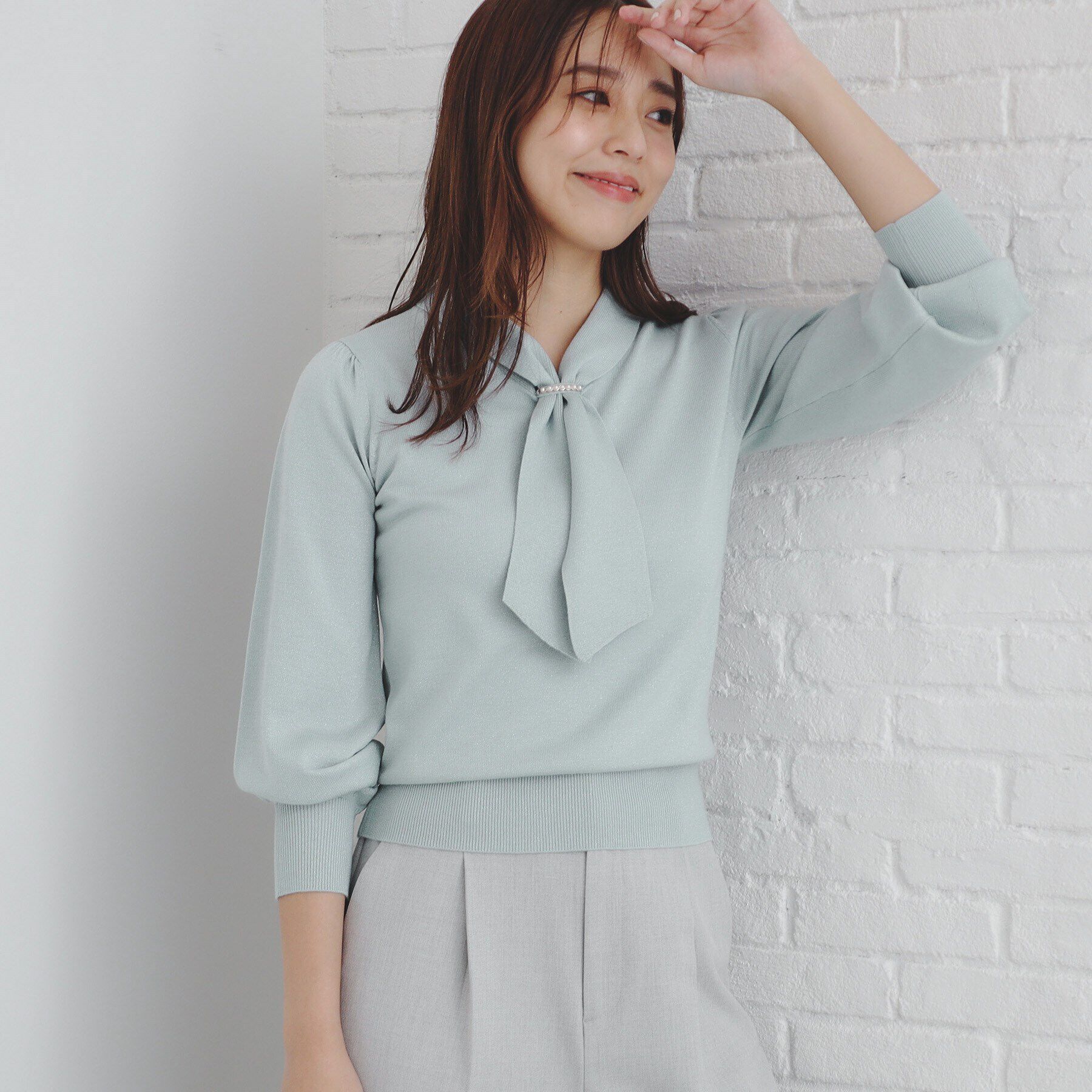 index「《8color/XS-LLsize》パール調パーツ付き ボウタイニット【洗濯機可】」|ニット・セーター|サックスブルー(69