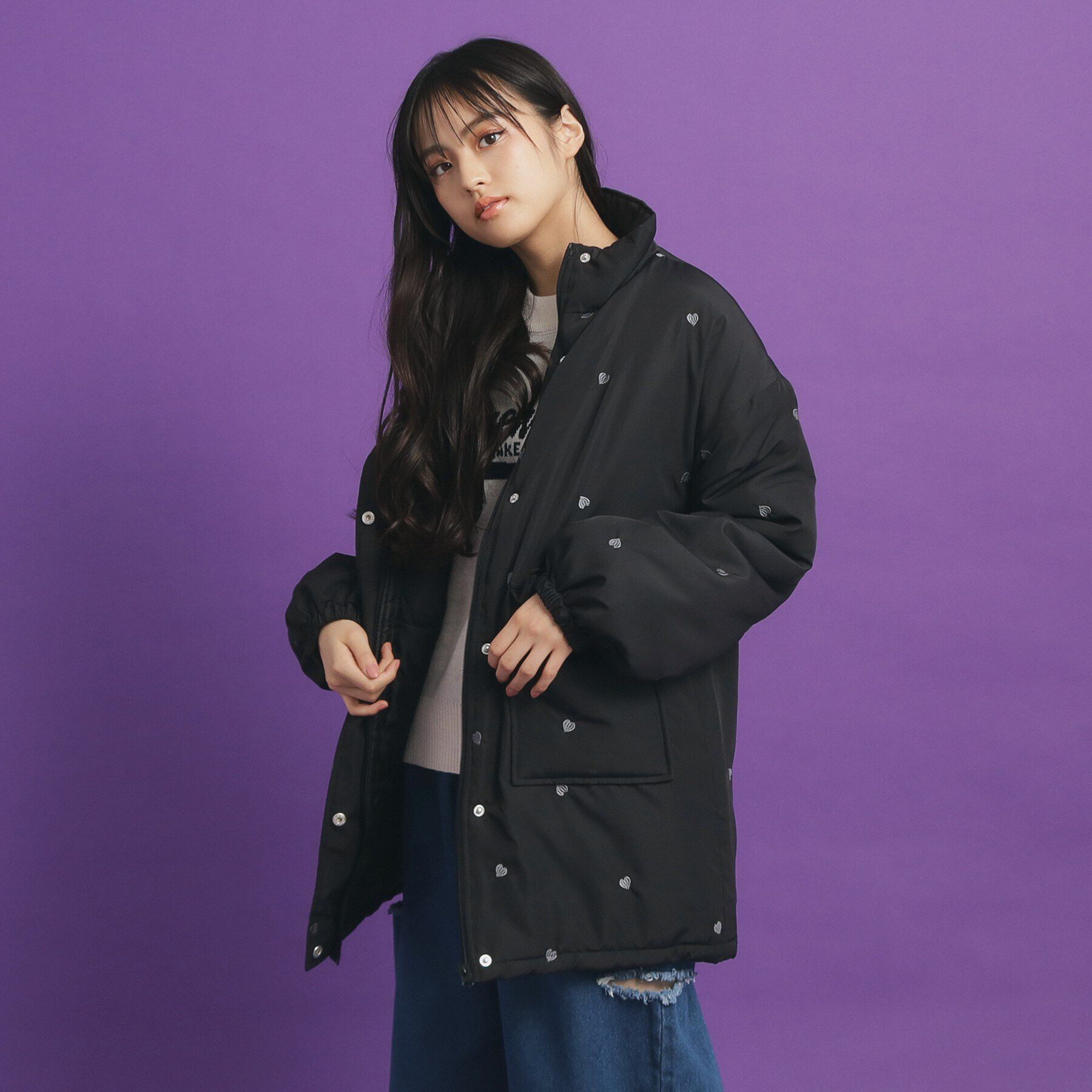 PINK-latte「ハート刺繍中綿ブルゾン」|ブルゾン・スタジャン|