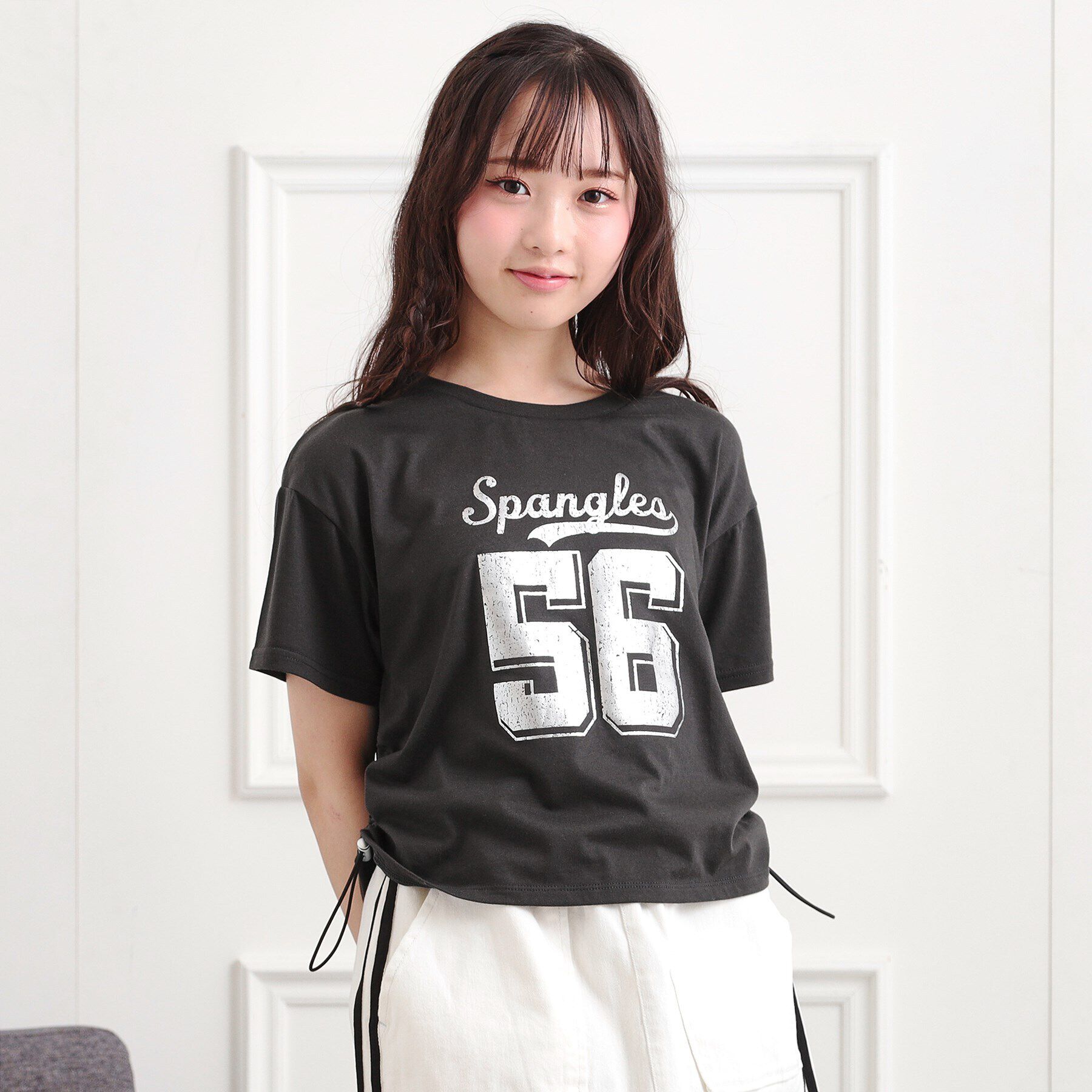 PINK-latte「サイドアジャスターナンバリングTシャツ」|Tシャツ・カットソー|チャコールグレー(0