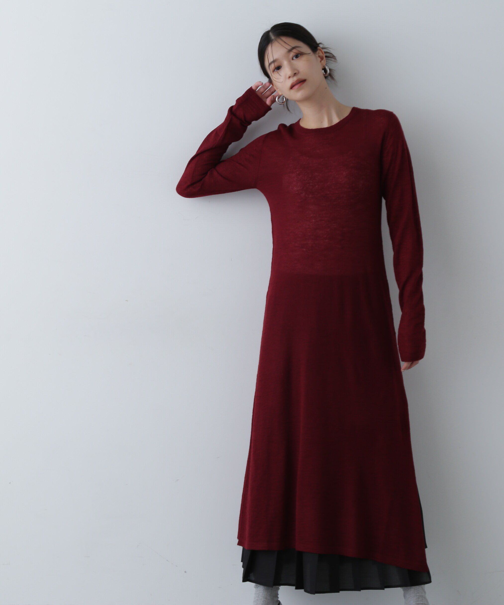  「シアーニットワンピース」|ワンピース|バーガンディ