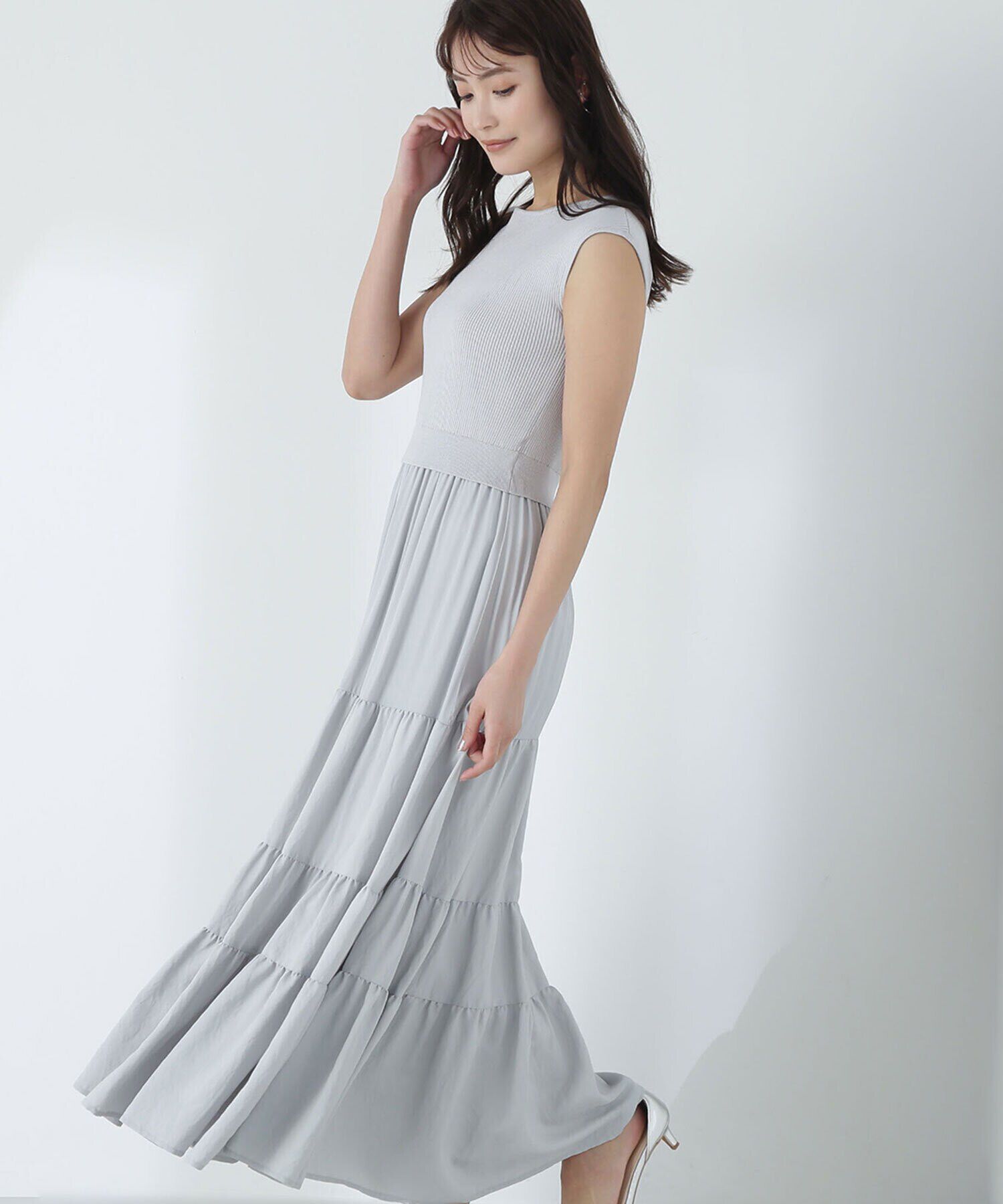  「ティアードドッキングニットワンピース」|ワンピース|ブルーグレー2