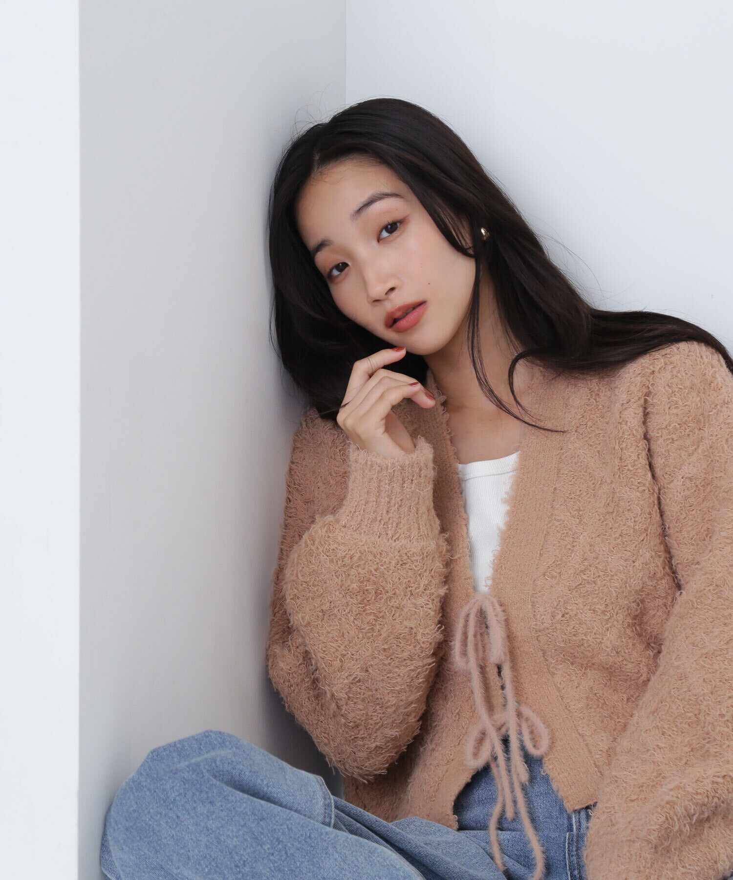  「フロントリボンショートカーディガン　24AW」|ニット・セーター|ベージュ