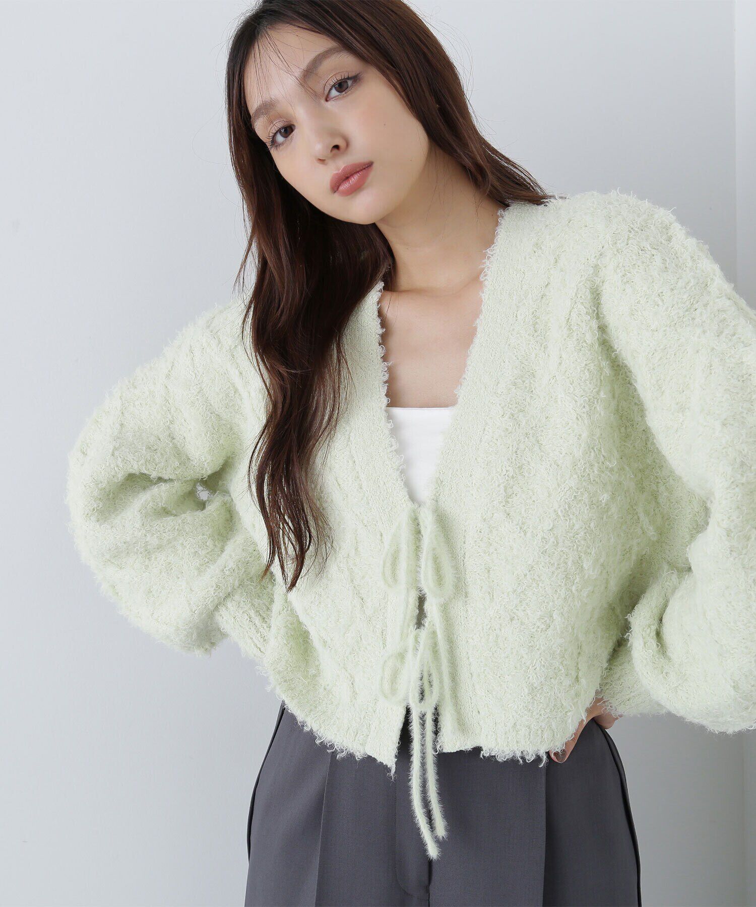 「フロントリボンショートカーディガン　24AW」|ニット・セーター|ライトグリー