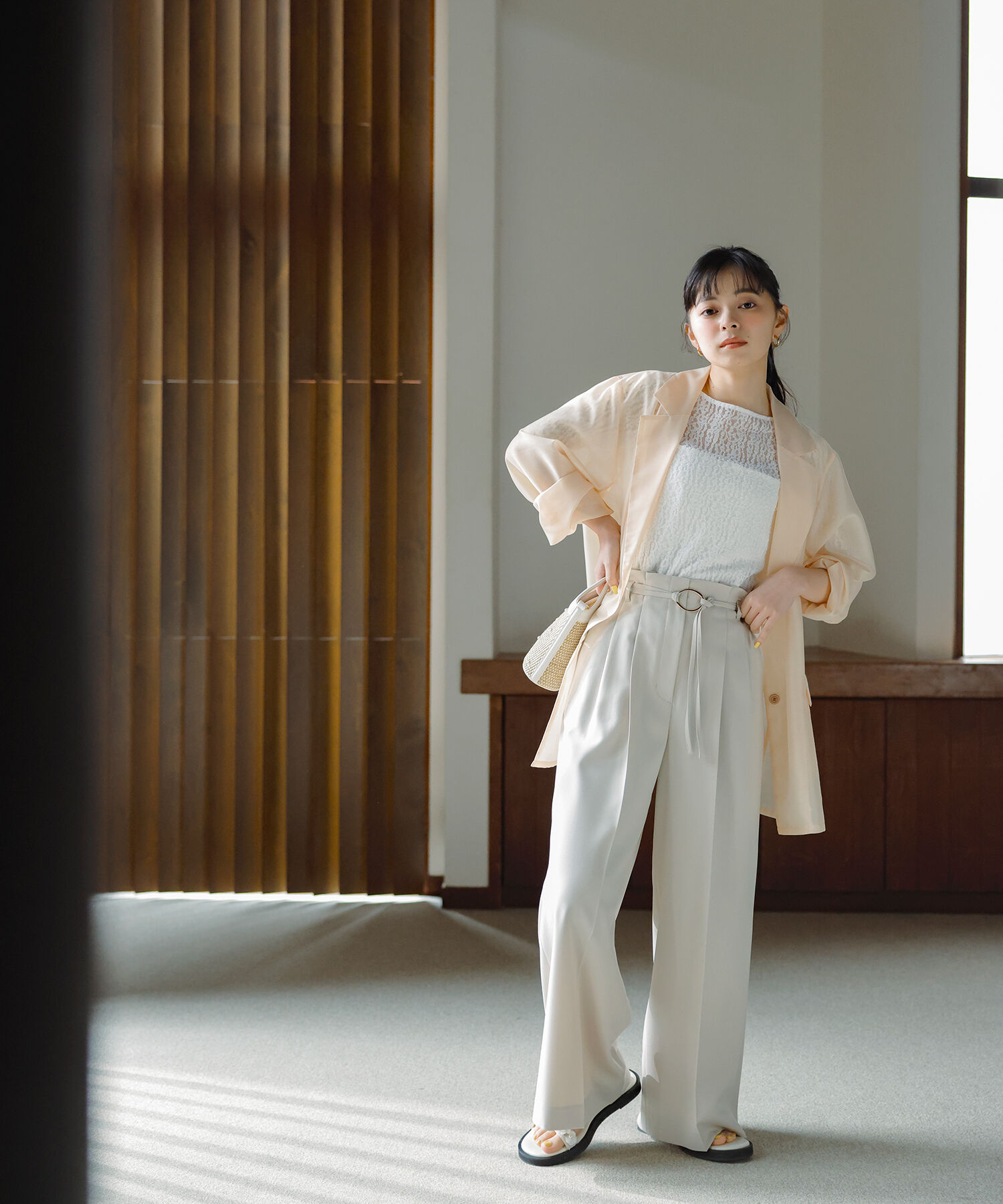  「ダブルベルトワイドパンツ」|その他|オフベージュ