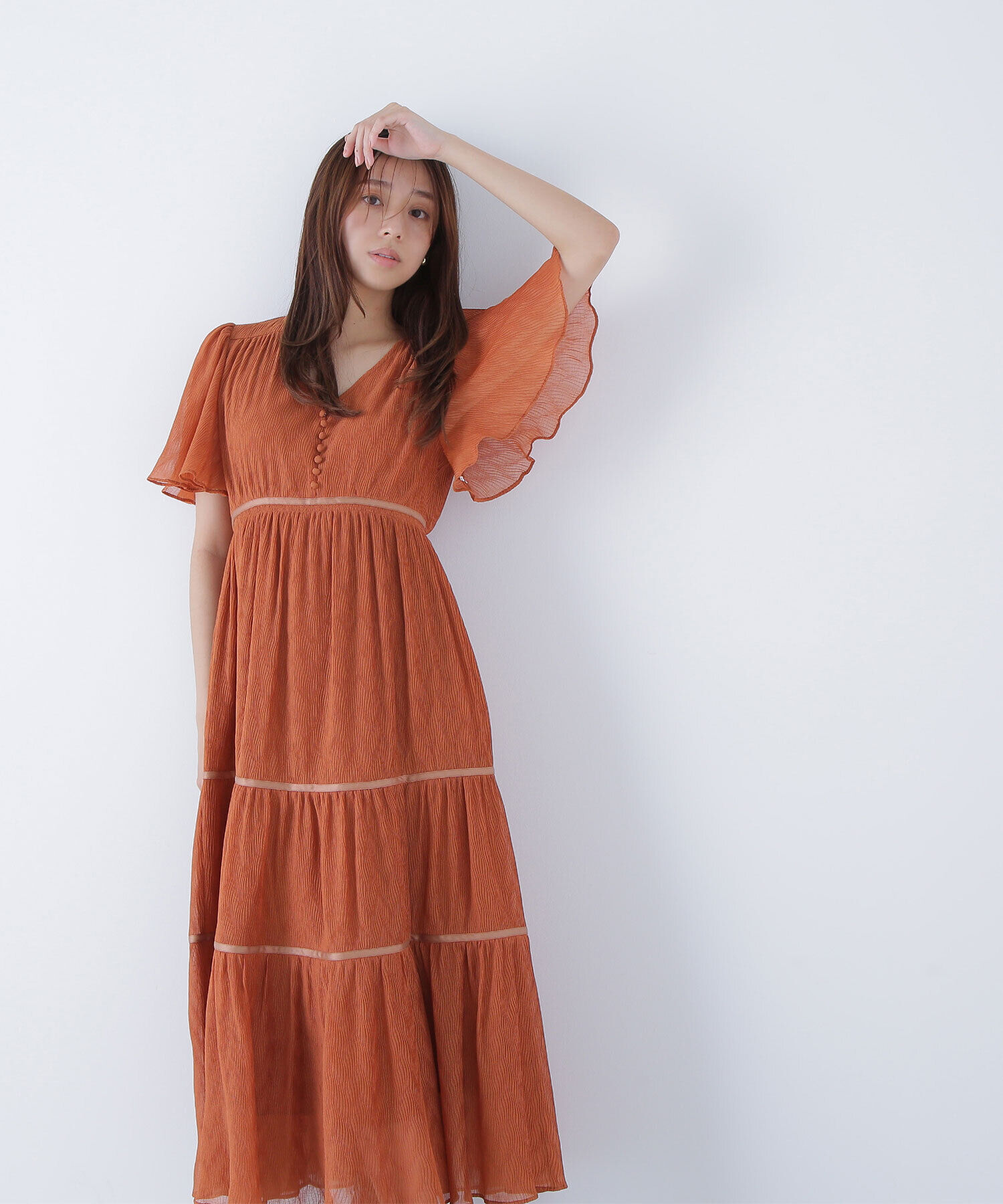  「Vネックプリーツワンピース　　　　　　　」|ワンピース|オレンジ