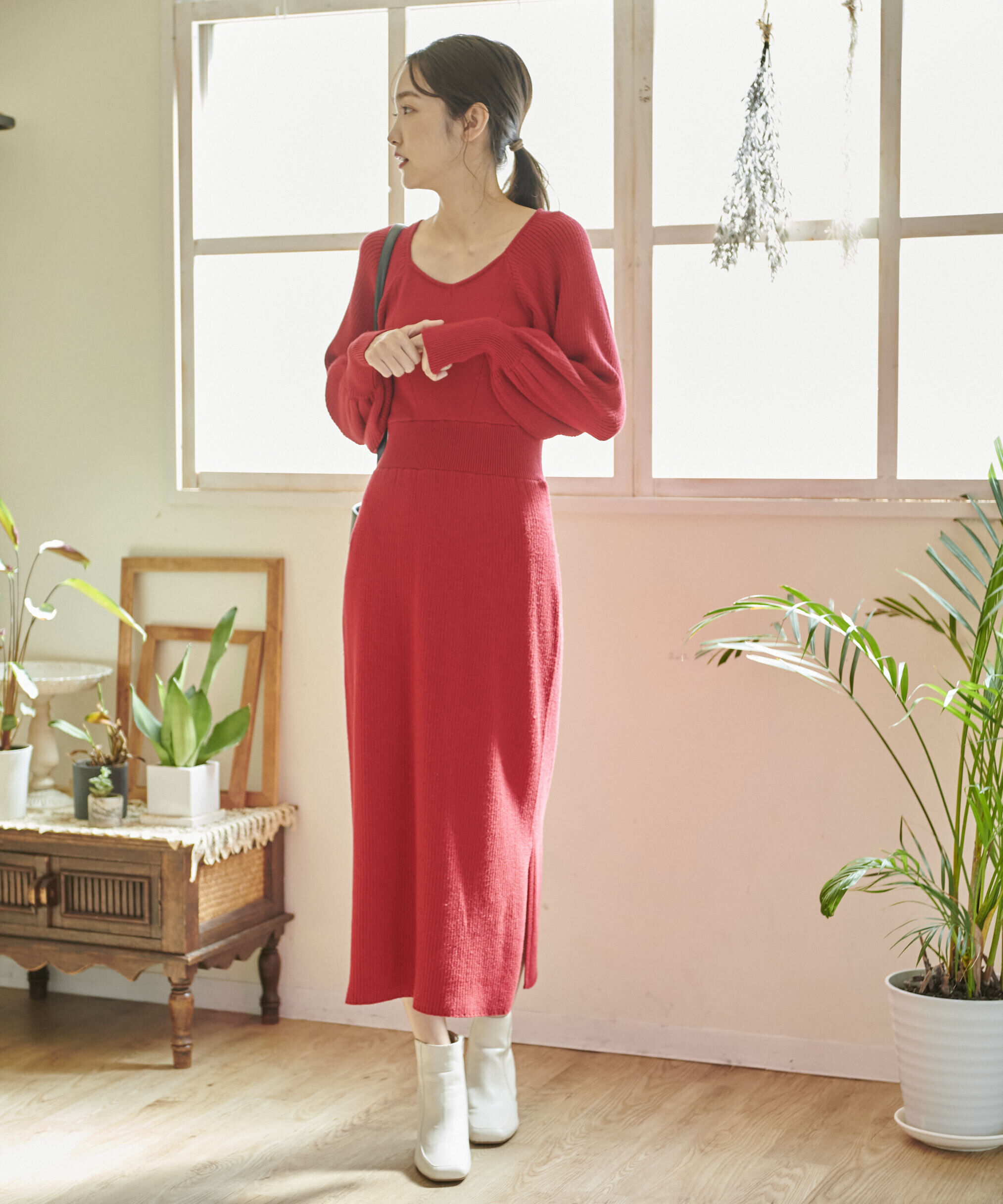  「バックリボンパフスリーブニットワンピース」|ワンピース|