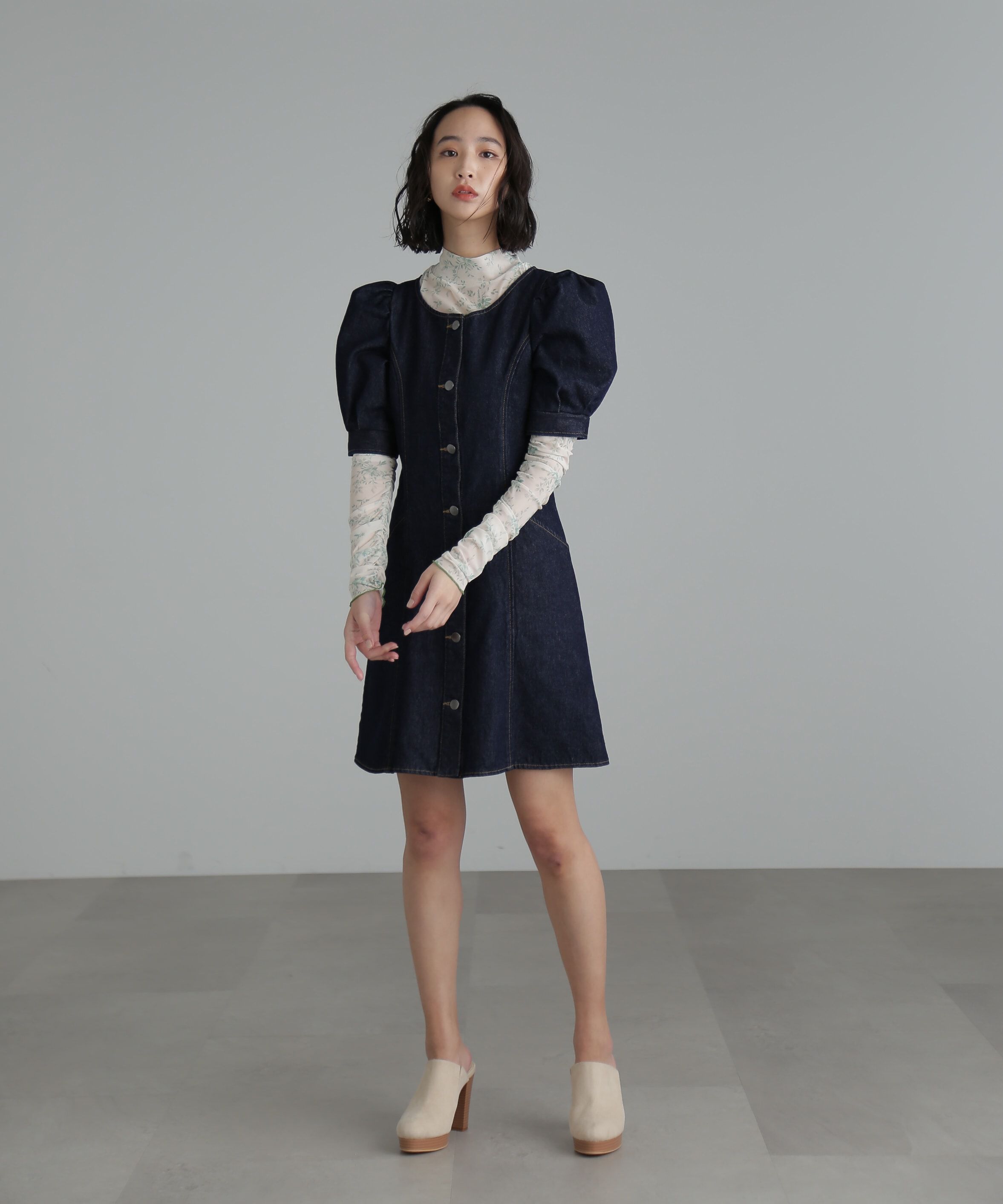  「クルーネックデニムミニワンピース」|ワンピース|