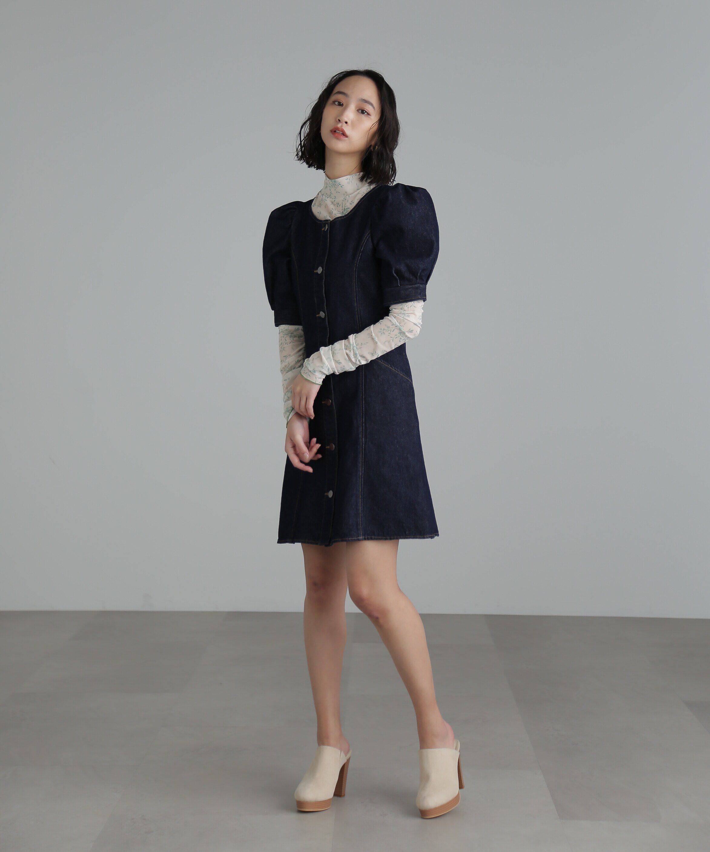  「クルーネックデニムミニワンピース」|ワンピース|