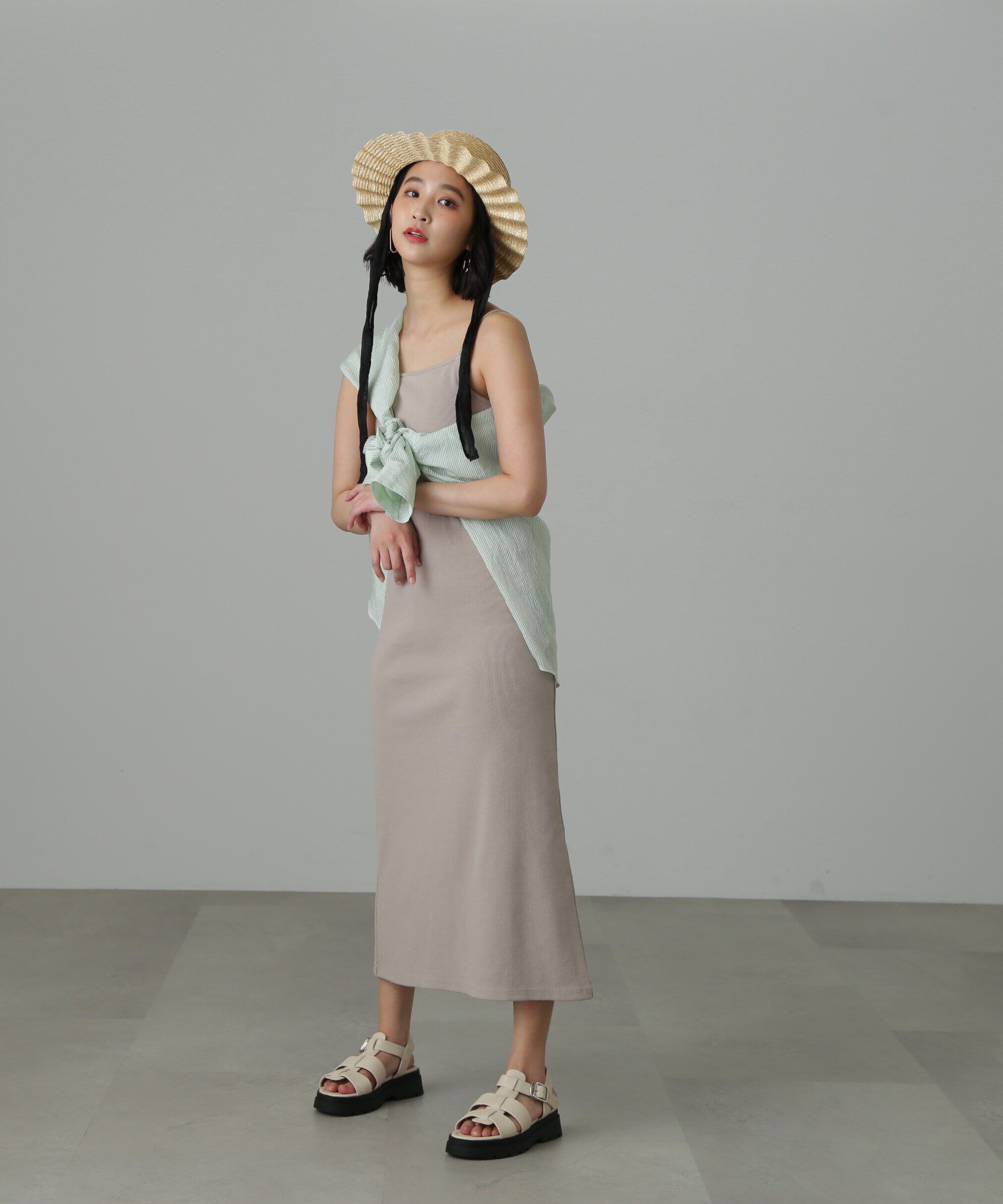  「カップ付リブカットソーナローキャミワンピース」|ワンピース|