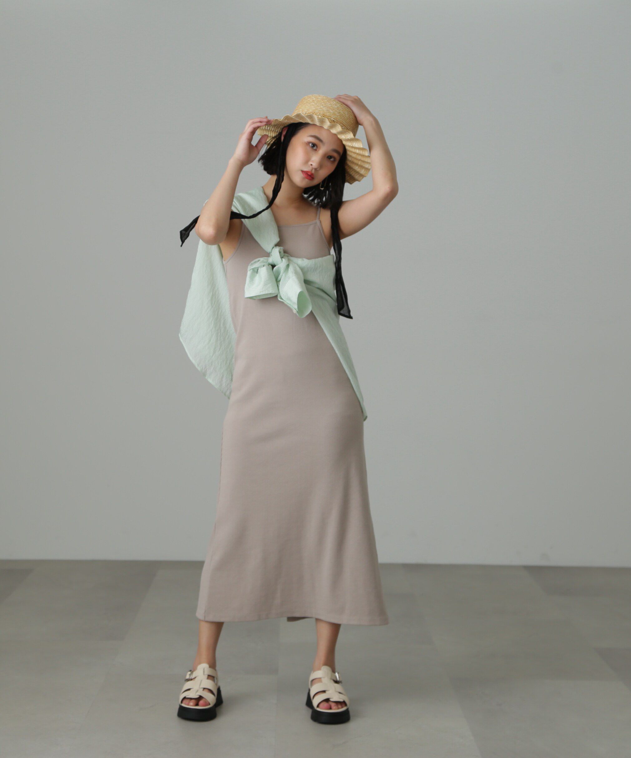  「カップ付リブカットソーナローキャミワンピース」|ワンピース|