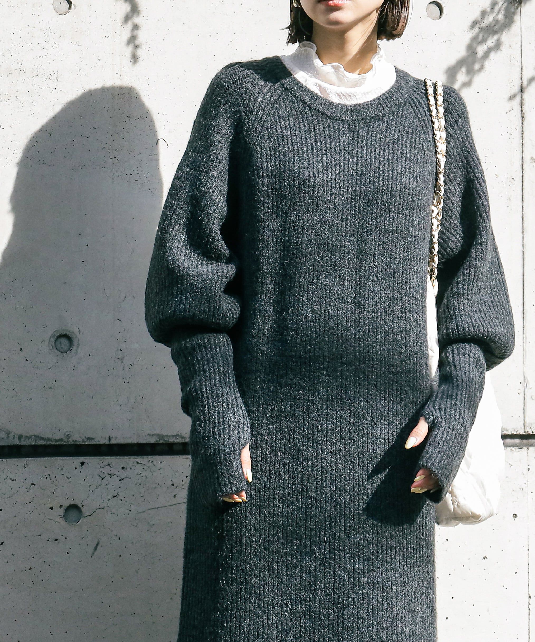  「ボリュームスリーブ畦ニットワンピース」|ワンピース|