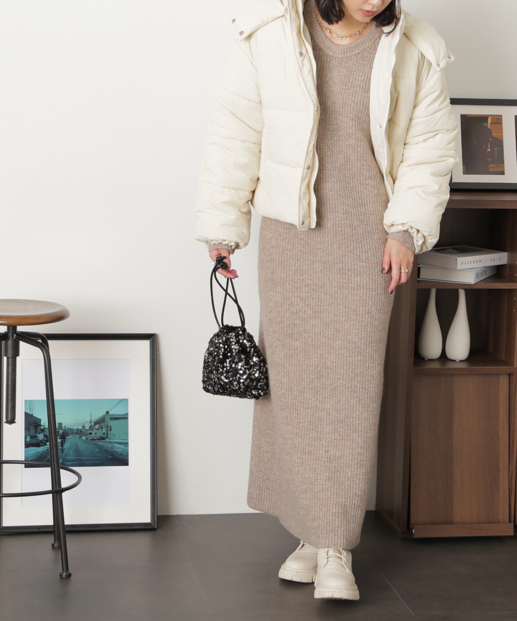  「ボリュームスリーブ畦ニットワンピース」|ワンピース|