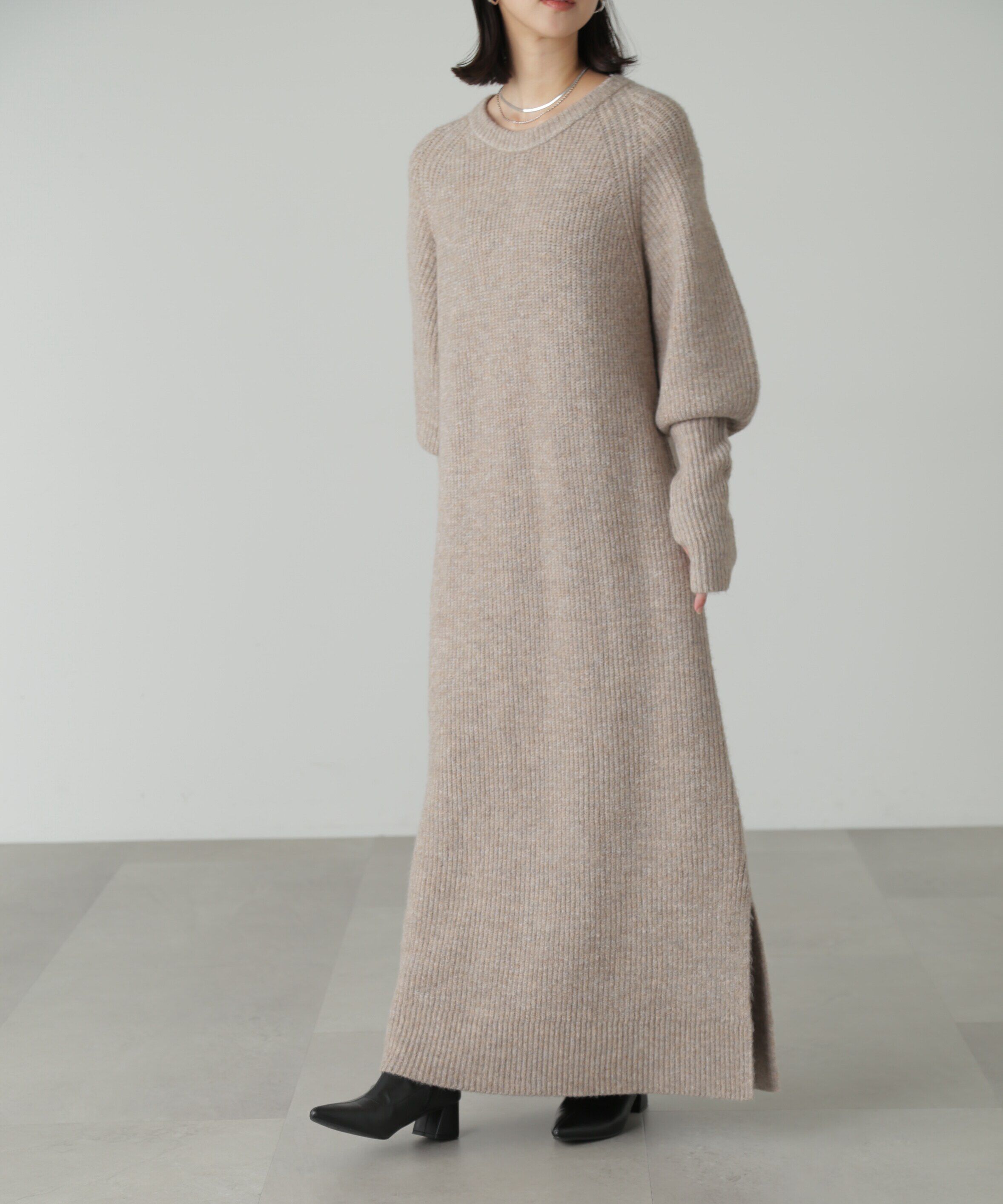  「ボリュームスリーブ畦ニットワンピース」|ワンピース|